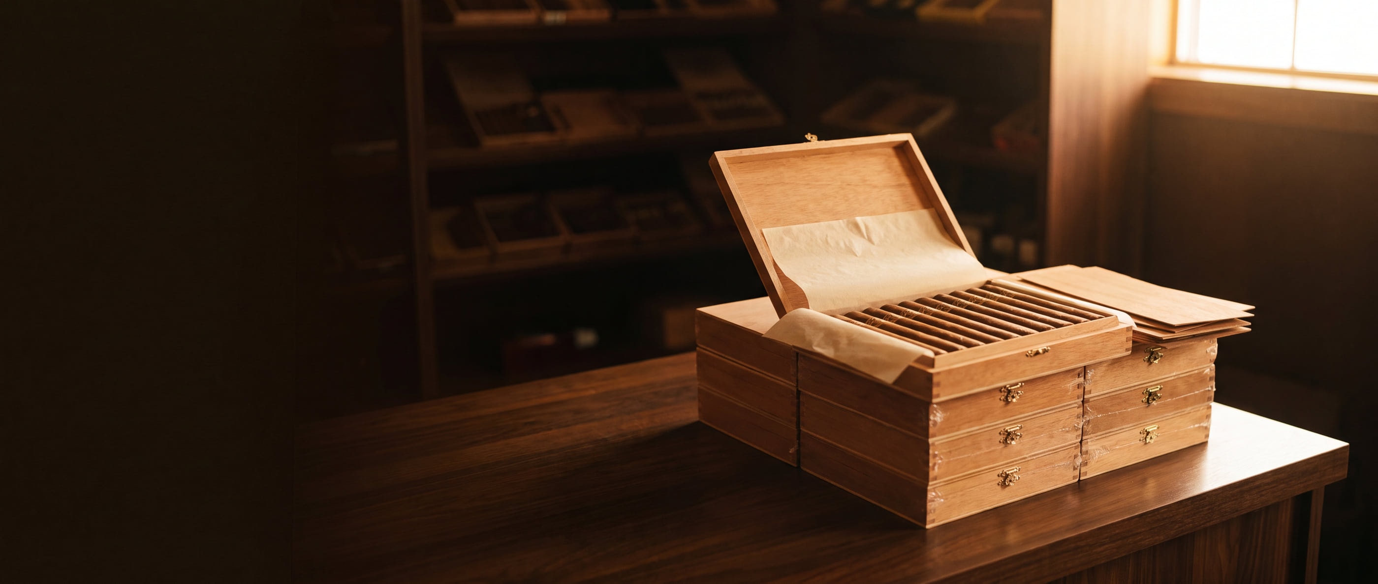 A stack of sealed cedar cigar boxes, the top one open on a row of cigars under tissue paper