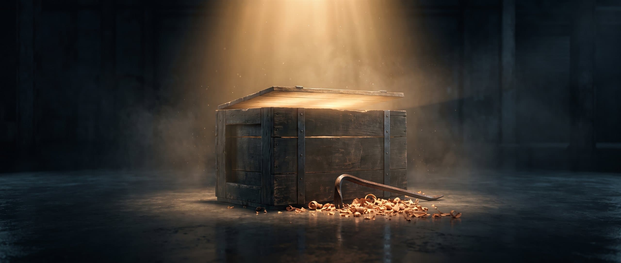 A wooden crate pried open with light escaping