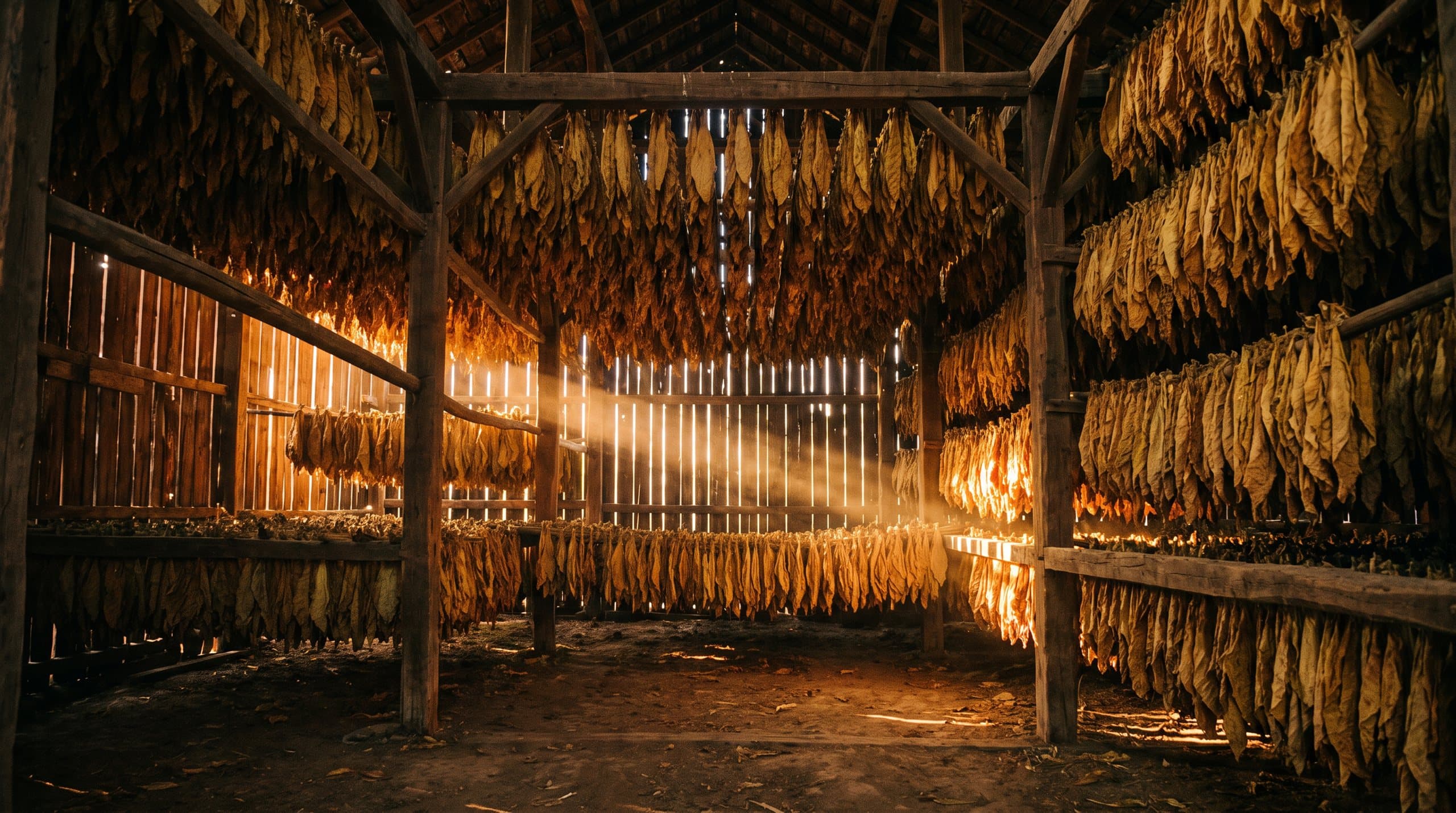 Tobacco leaves curing in a barn