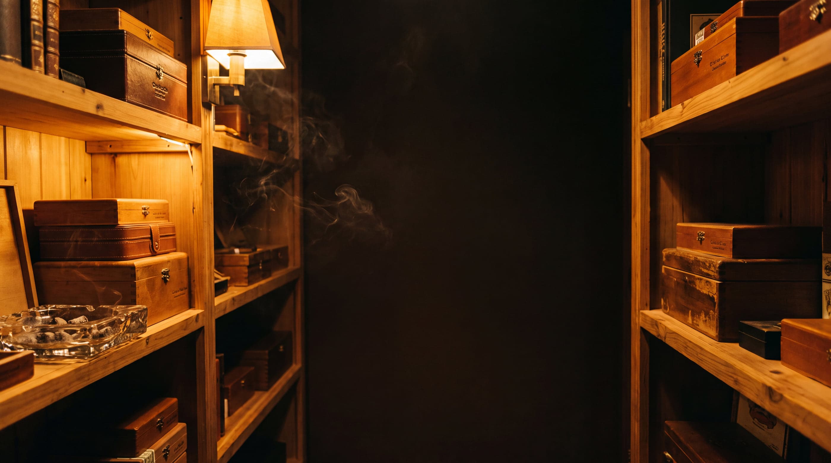 Cedar shelves of cigar boxes in a private humidor, lit by a single warm lamp